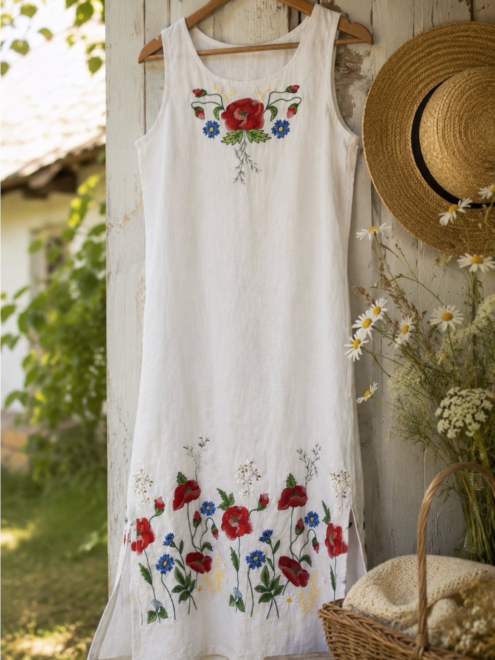 White Embroidered Floral Dress Sleeveless Poppy Cornflower Cottagecore Rustic M